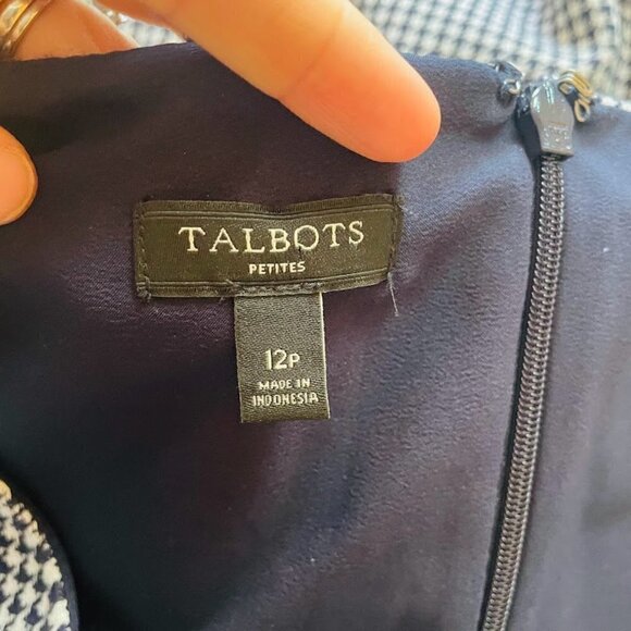 Talbots Vintage Dress Herringbone Houndstooth Fringe Tweed Knit Navy Blue White - Picture 4 of 6